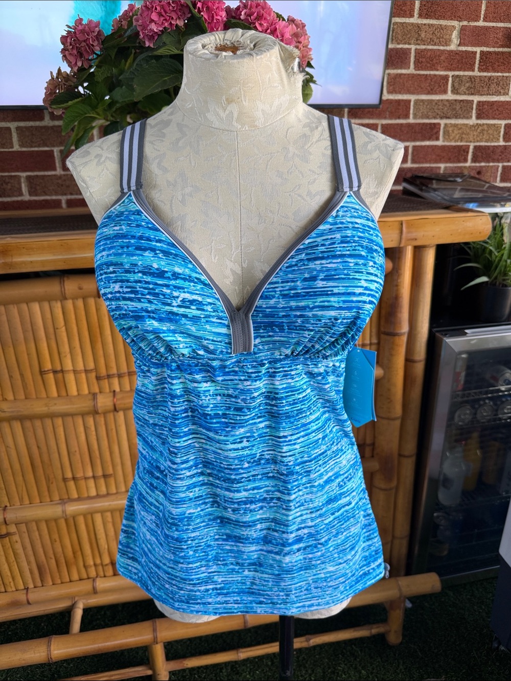 Free Country Blue Striped One-Piece Swim Top with Gray Trim
